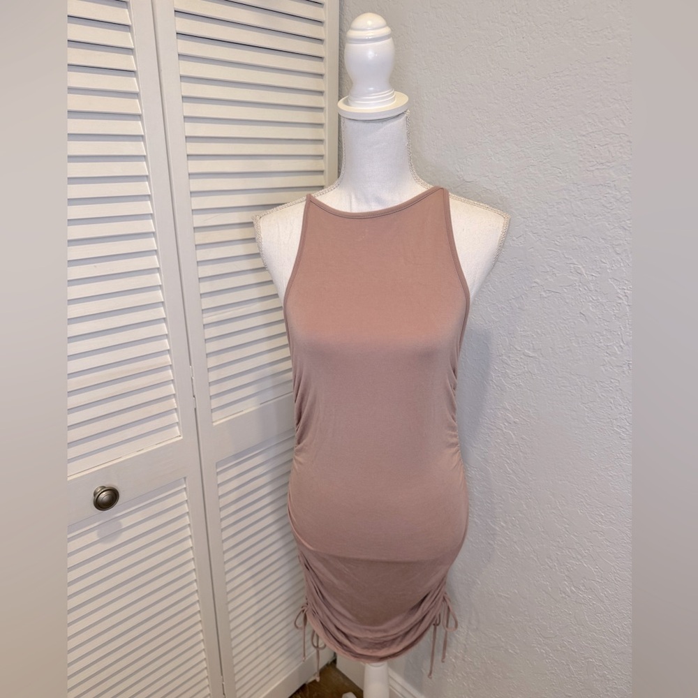 Black Pink Gathered Midi Dress With Drawstrings At Sides Large - Picture 3 of 8